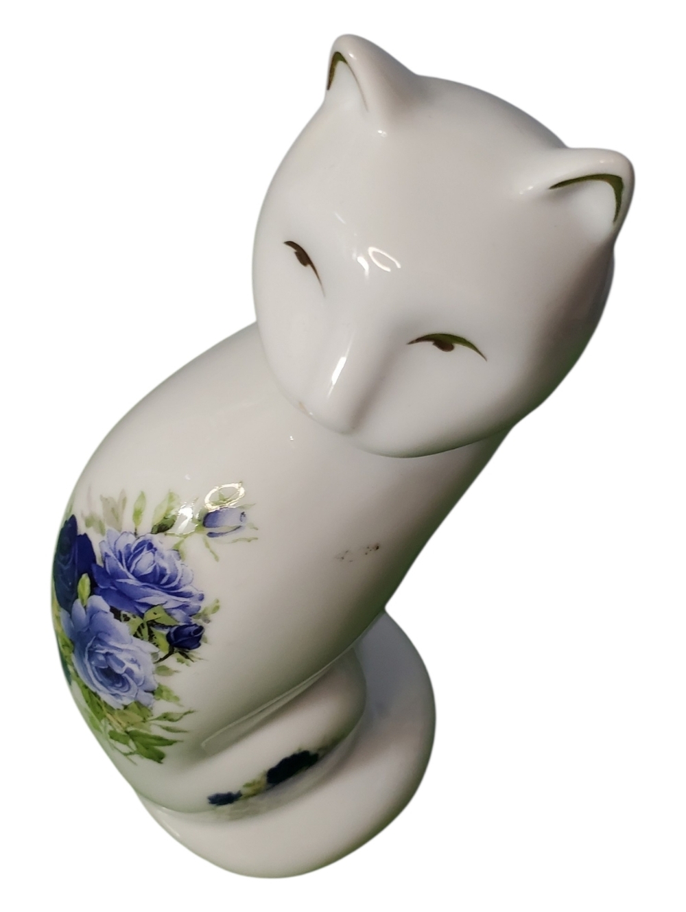 Baum Bros. Formalities Porcelain Cat Figurine with Blue Rose Motif